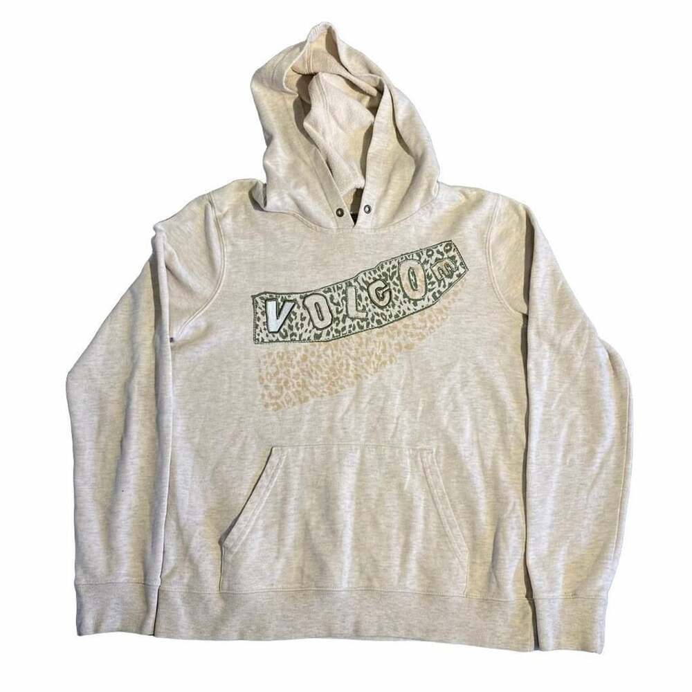 Volcom Pullover Hoodie Size L/14 Beige Animal Print Logo